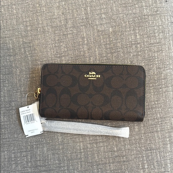 Coach Long Zip Around Wallet In Signature Canvas Brown/ Black - Picture 5 of 10